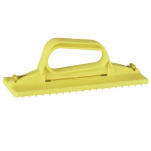 Yellow plastic sanding block with handle.